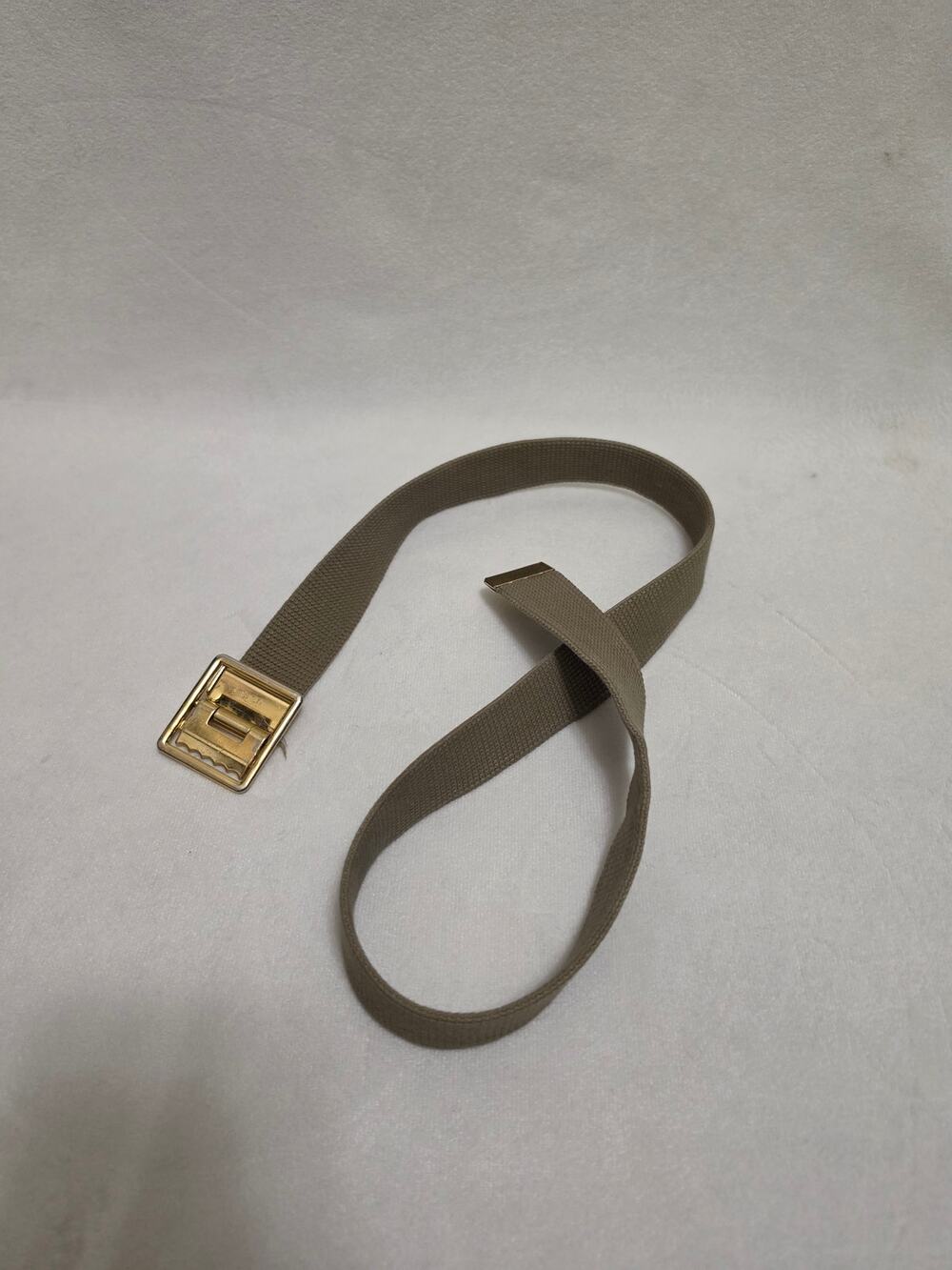 Vintage Military Khaki Canvas Web Belt Gold Tone Buckle US R Engraved ~35"